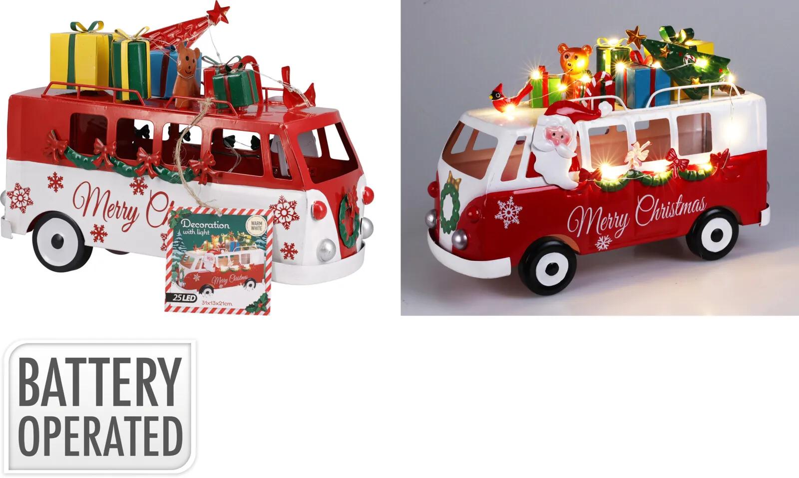 ŚWIĄTECZNY BUS LED W STYLU RETRO – METALOWA FIGURKA PRZEWOŻĄCA PREZENTY (31 cm)