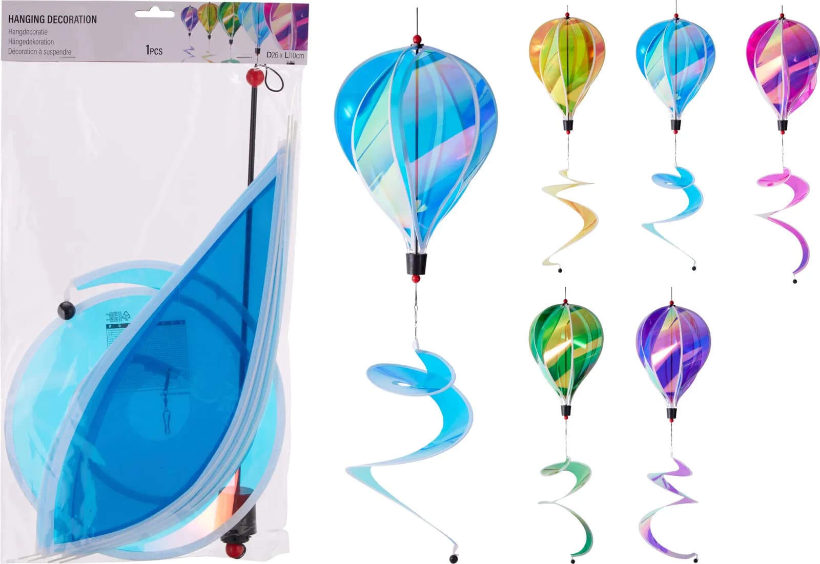 Ozdobny wiatrak wiszący – balon ogrzewany wiatrem z ogonem (110 cm)