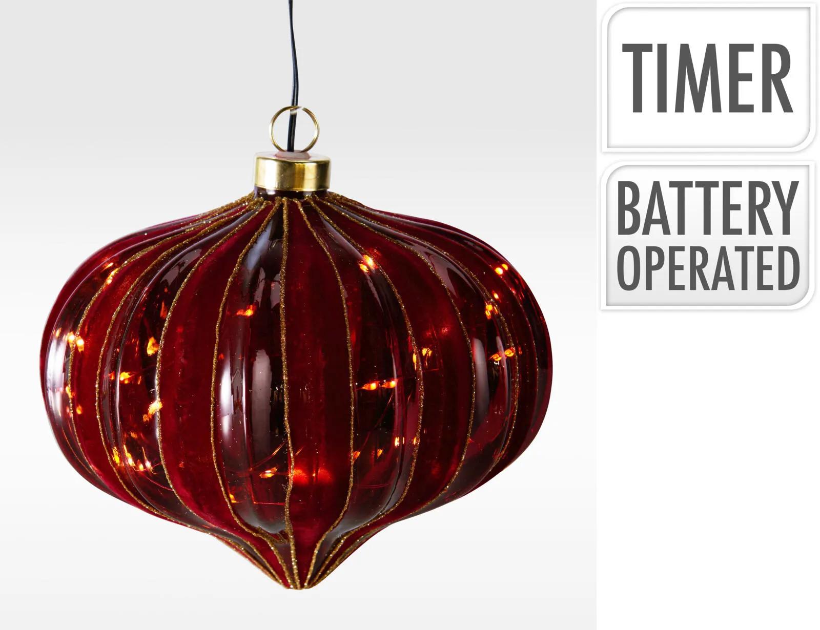 Szklana Bombka Wisząca LED 18cm Cebulka – Ekskluzywny Lampion Burgundowy z Brokatem i Timerem