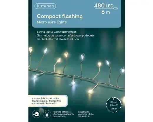DRUCIKI CHOINKOWE COMPACT FLASHING 480 LED – GĘSTE LAMPKI 6m Z TIMEREM (SREBRNY DRUCIK / CIEPŁA + ZIMNA BIEL)