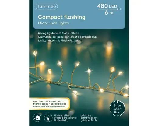 DRUCIKI CHOINKOWE COMPACT FLASHING 480 LED – GĘSTE LAMPKI 6m Z TIMEREM (ZŁOTY DRUCIK / CIEPŁA BIEL)