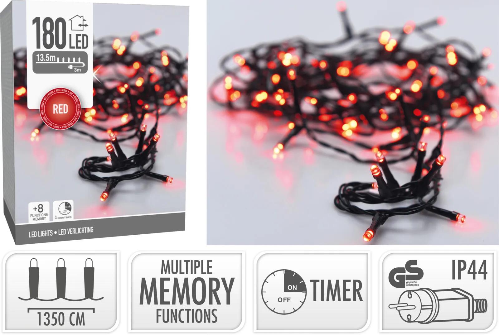 Lampki Choinkowe 180 LED 16,5m CZERWONE – Światełka Zewnętrzne i Wewnętrzne IP44 z Programatorem i Timerem