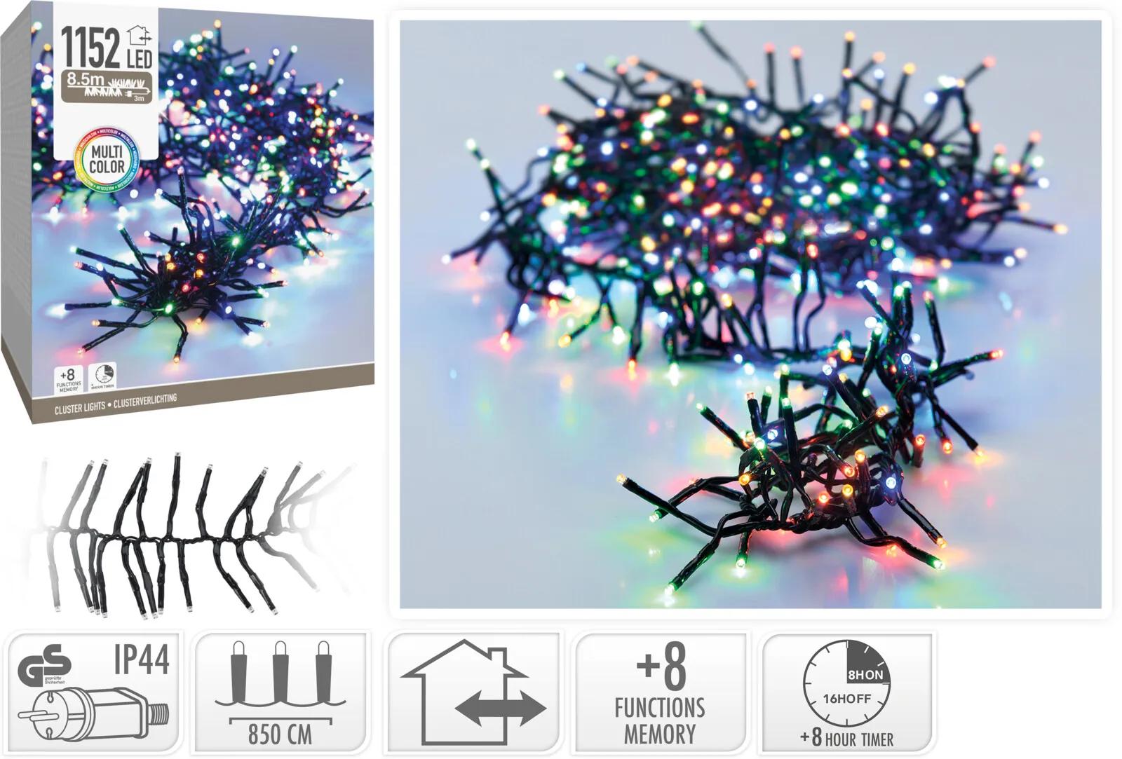 LAMPKI CHOINKOWE CLUSTER PUSZYSTE 1152 LED MULTIKOLOR – 8,5 METRA (TIMER + 8 FUNKCJI)