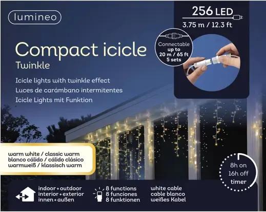 Kurtyna Sople Lumineo Compact Icicle 256 LED 3,75m Ciepły Biały Łączone Biały Kabel Timer IP44