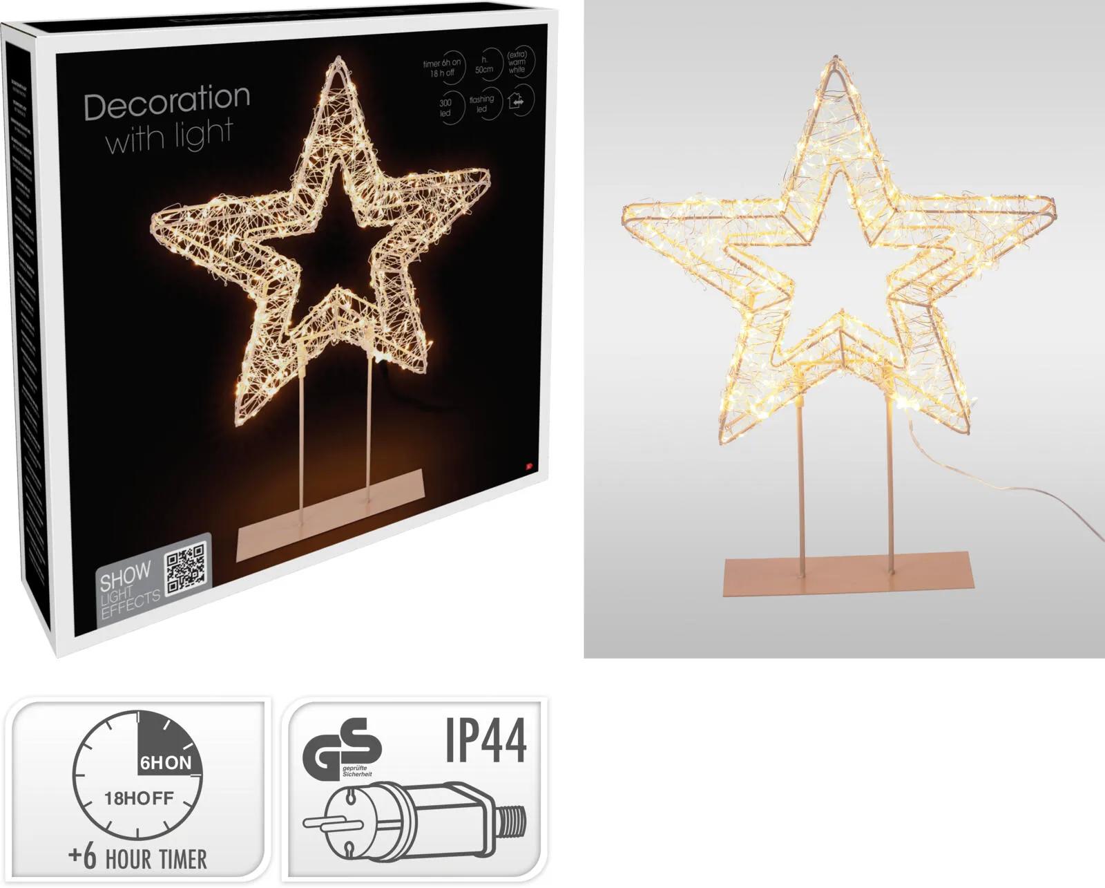 Gwiazda Stojąca LED 50cm na Podstawie – Metalowa Konstrukcja z Efektem Flashing, 300 Mikro LED (Extra Warm White)