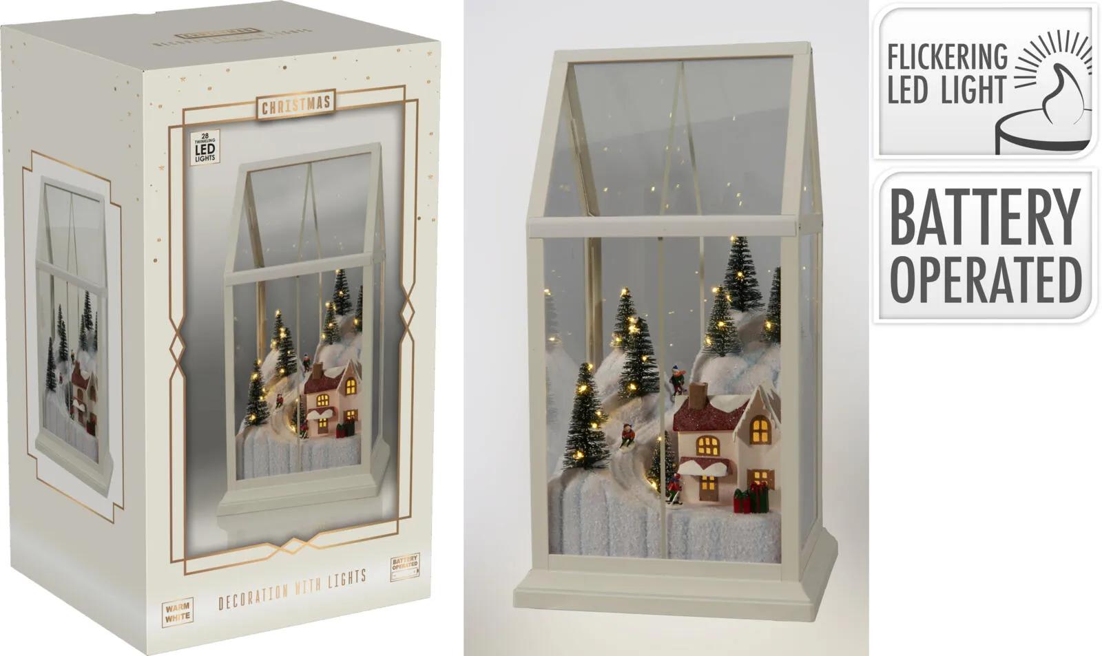 Podświetlana Szklana Chatka 33cm LED – Magiczny Dom ze Sceną Narciarską, 28 Diod z Efektem Twinkle, Zasilanie Bateryjne