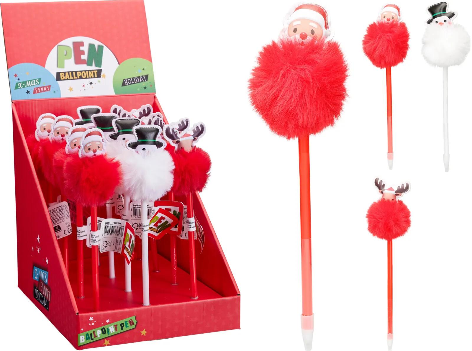 DŁUGOPIS ŚWIĄTECZNY KULKOWY Z PUSZYSTYM POMPONEM 25cm – MIX WZORÓW