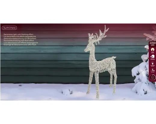 Monumentalny Renifer Świecący 3D 2350 LED XXL 200cm – Ciepła Biel (Twinkle / Flash) Srebrny Stelaż