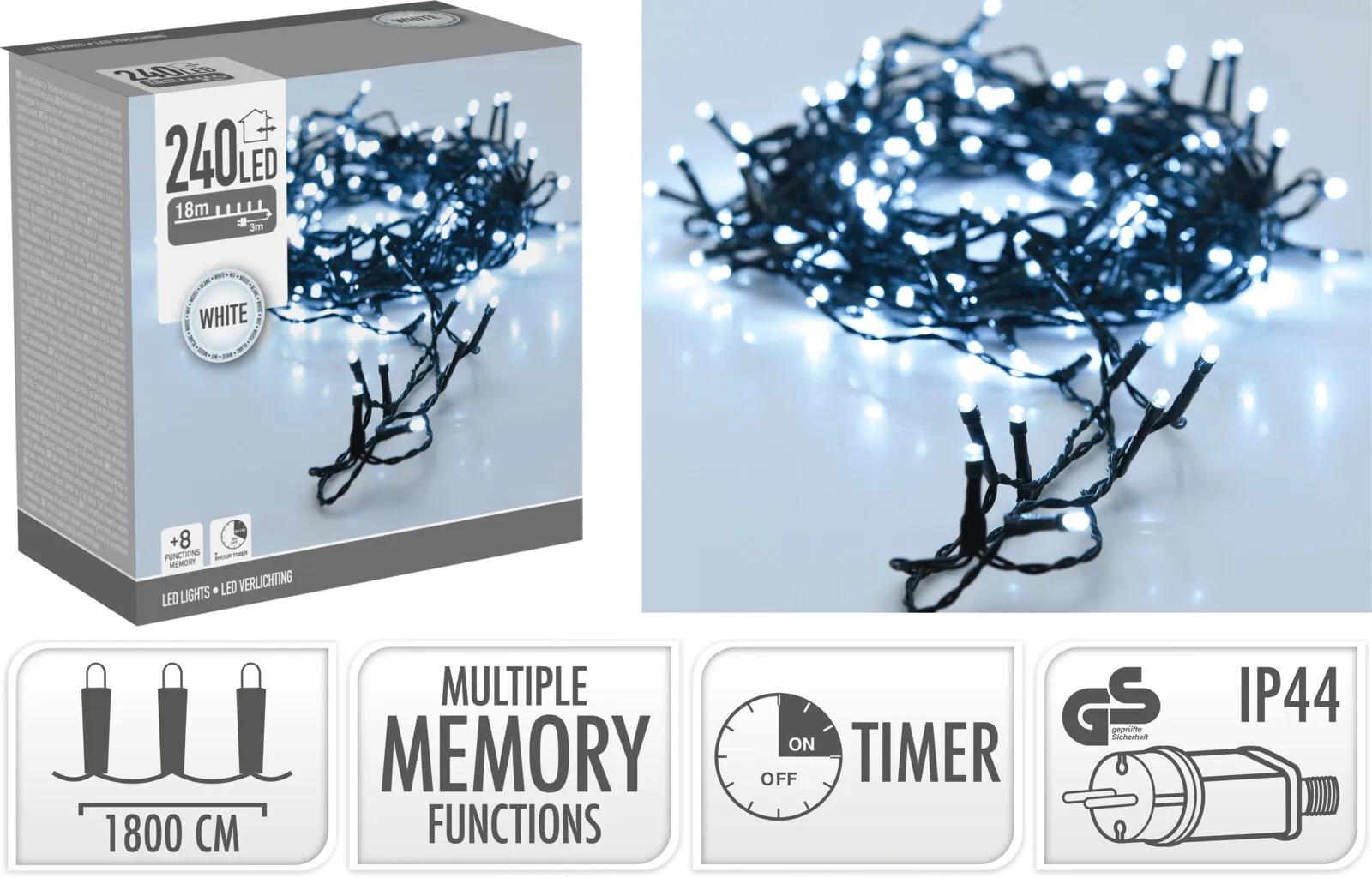 LAMPKI CHOINKOWE 240 LED ZIMNA BIEL – 18 METRÓW (TIMER + 8 FUNKCJI)
