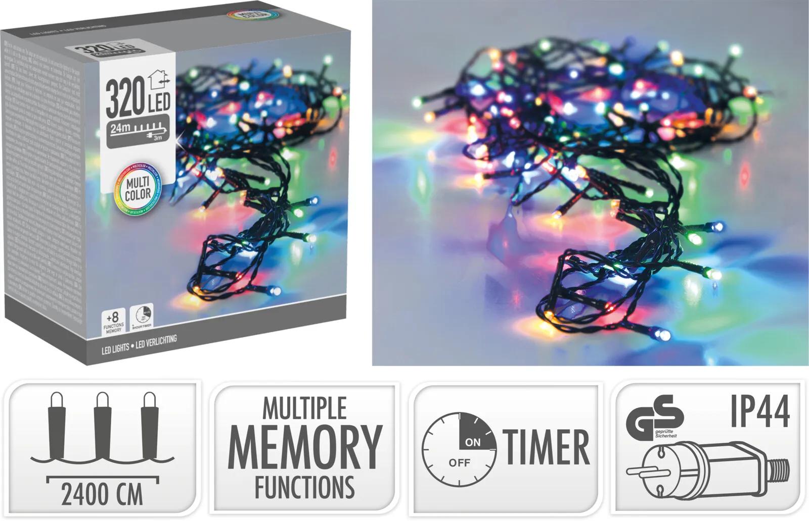KOLOROWE LAMPKI CHOINKOWE 320 LED MULTIKOLOR – 24 METRY (TIMER + 8 FUNKCJI)